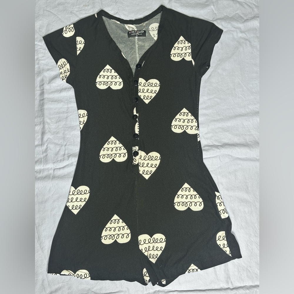 White Heart Pattern Black PJ Romper